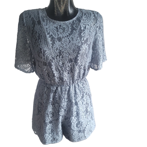 Dynamite Lace Short Sleeve Romper in Blue S - Picture 1 of 6